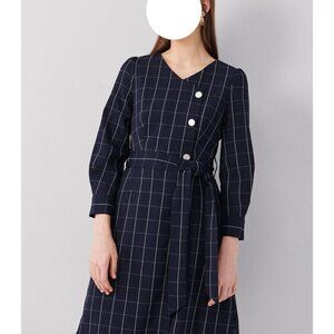 Prich Navy Blue Plai Midi Dress - Long Sleeve/Lined